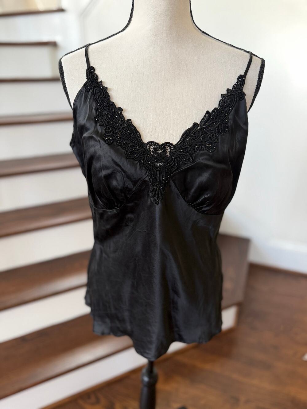 Vintage Black Silk Lace Beaded Baby Doll Tank Whimsygoth Witchy Fairy Grunge